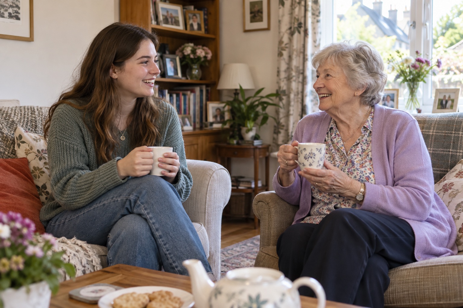 An older woman enjoying a conversation at home with a young adult helper.