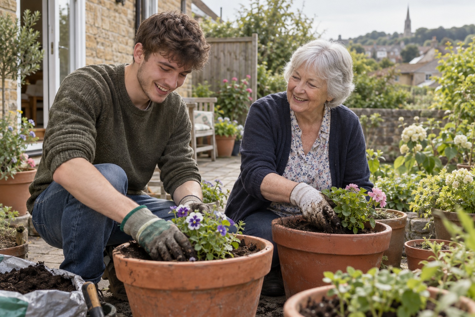 A young adult helper and an older woman tending garden plants together.